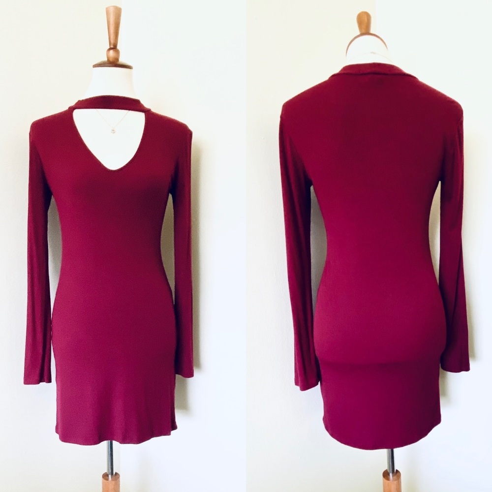 Forever 21 Red Long Sleeve V Neck Mini Dress